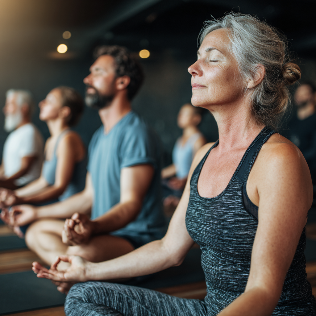 Peaceful yoga practitioners meditating in a serene studio environment, focusing on breath awareness and mindful movement