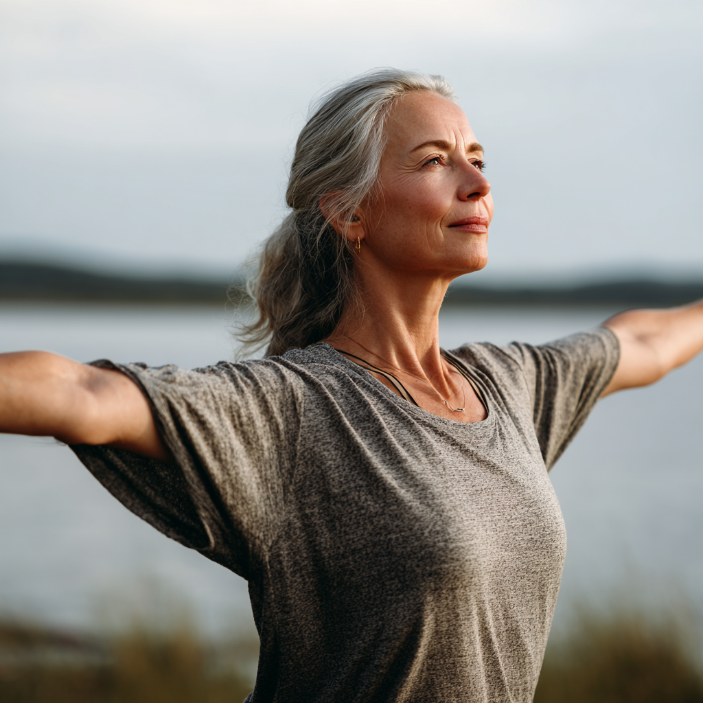 Mature Ukrainian adults demonstrating gentle yoga poses that strengthen core muscles and improve posture in natural lighting